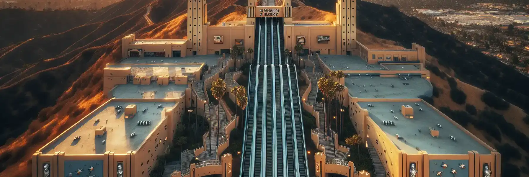 Vedere panoramică a parcului tematic Universal Studios Hollywood cu scări rulante care conectează zonele superioare și inferioare, având pe fundal orizontul Văii San Fernando