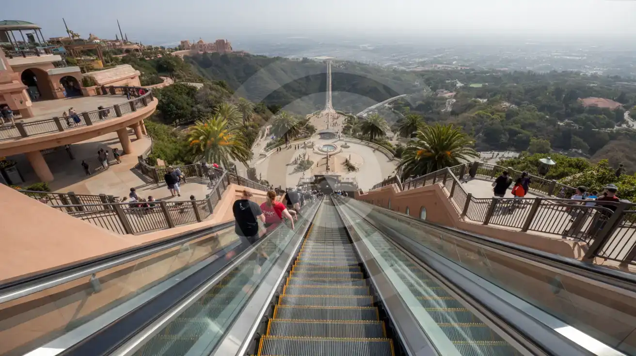 Scările rulante Starway care leagă Upper Lot și Lower Lot la Universal Studios Hollywood, cu priveliști spre Valea San Fernando