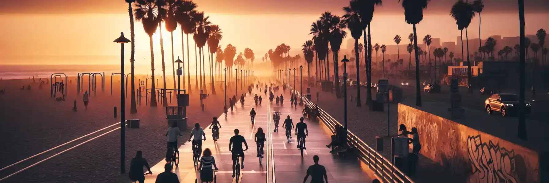 Venice Beach sahil yolu, gün batımında palmiye ağaçları, bisikletçiler ve altın ışıkta Pasifik Okyanusu
