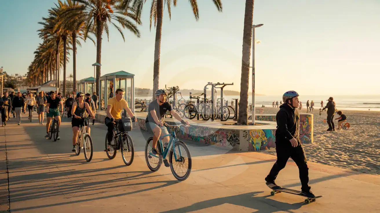 Pasifik kıyısında, palmiyeler, grafiti duvarları ve plajda vakit geçirenlerle gün batımında Venice Beach yürüyüş yolu