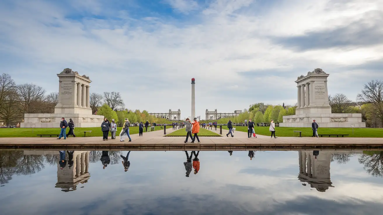 Viajeros usando sus teléfonos mientras caminan cerca de los monumentos y áreas verdes de Washington D.C.