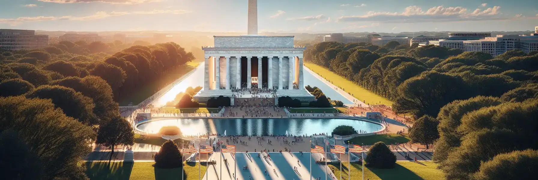 Obelisk Pomnika Waszyngtona wznoszący się na tle błękitnego nieba z amerykańskimi flagami u jego podstawy i rozciągającym się w oddali National Mall