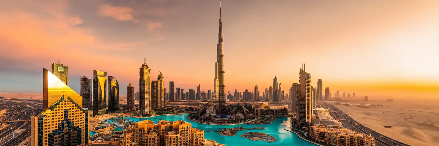 Burj Khalifa towering over Downtown Dubai skyline at golden hour with the Dubai Fountain lake in the foreground