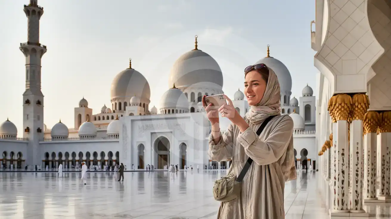 Solo female traveler photographing Sheikh Zayed Grand Mosque's white marble domes and floral archway in Abu Dhabi