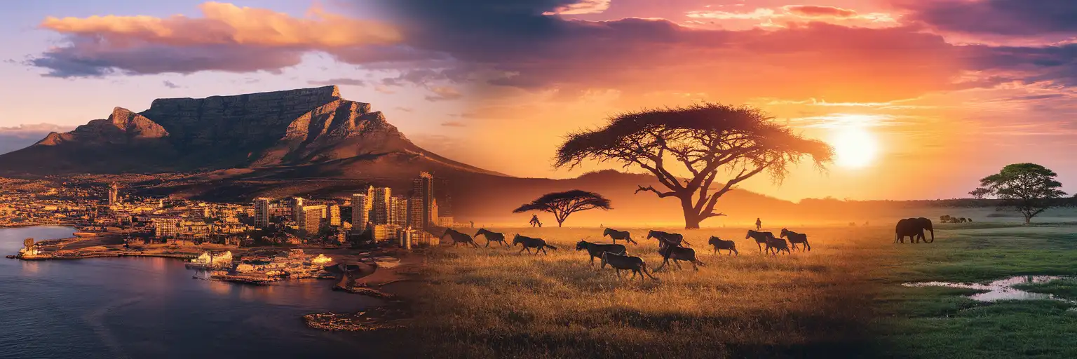 Golden hour montage of Table Mountain in Cape Town, wildebeest migration in the Maasai Mara, and elephants in the Okavango Delta