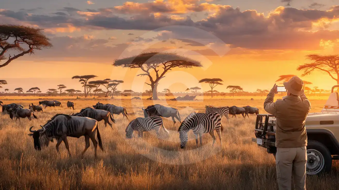 Traveler photographing wildebeest and zebras on the Maasai Mara savanna at sunset