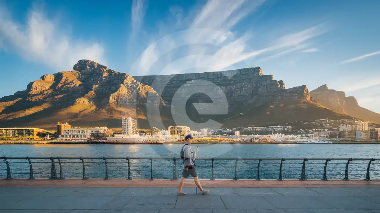 Traveler checking phone at Cape Town's V&A Waterfront with Table Mountain in background