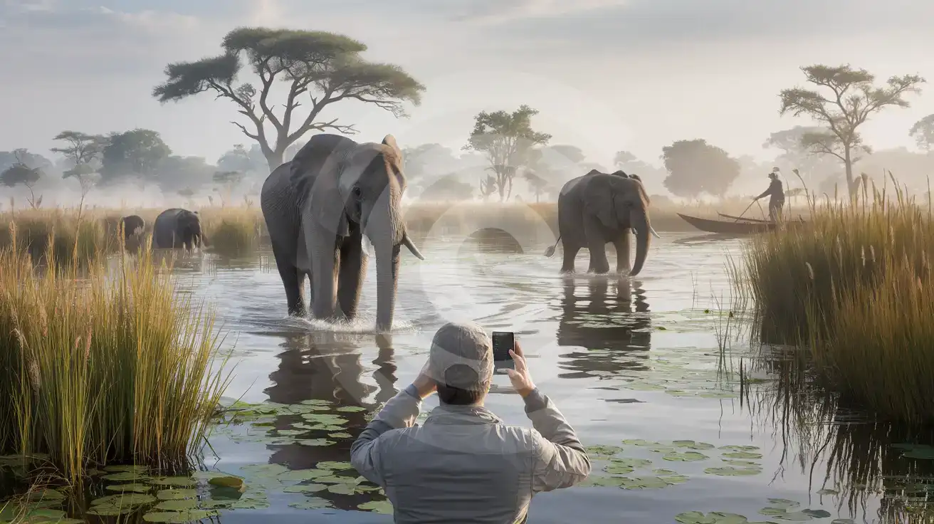 Traveler photographing elephants in Botswana's Okavango Delta wetlands