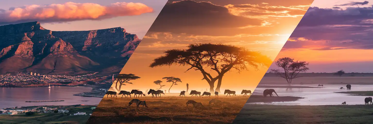 Golden-hour montage of Table Mountain in Cape Town, wildebeest crossing the Maasai Mara, and elephants in the Okavango Delta