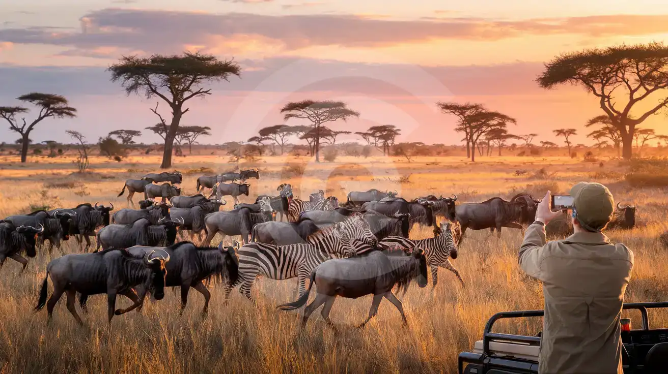 Traveler photographing wildebeest and zebras during the Great Migration in Kenya's Maasai Mara at sunset