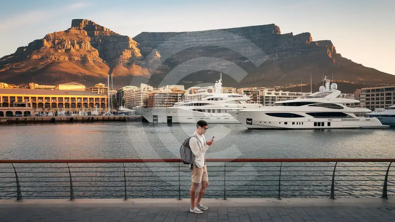 Traveler at Cape Town's V&A Waterfront with Table Mountain in the background at sunset