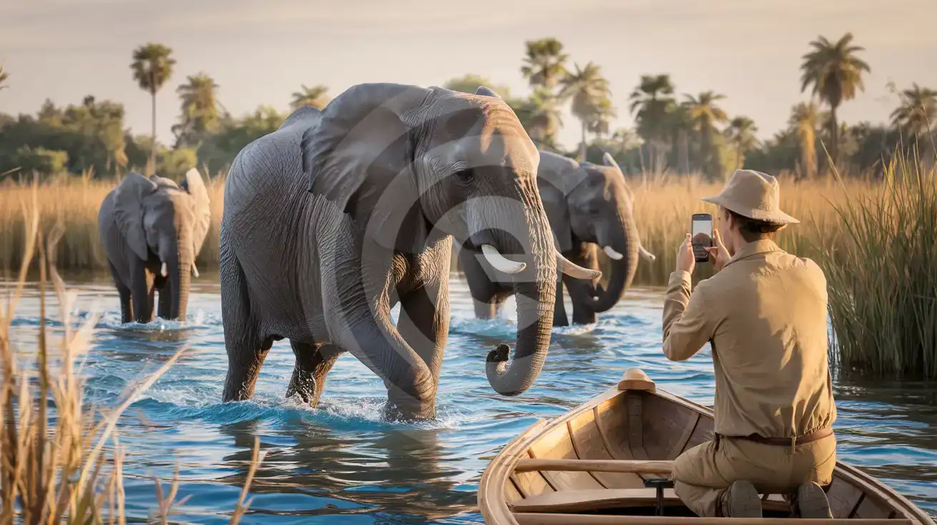 Traveler on a mokoro canoe photographing elephants in Botswana's Okavango Delta at sunset