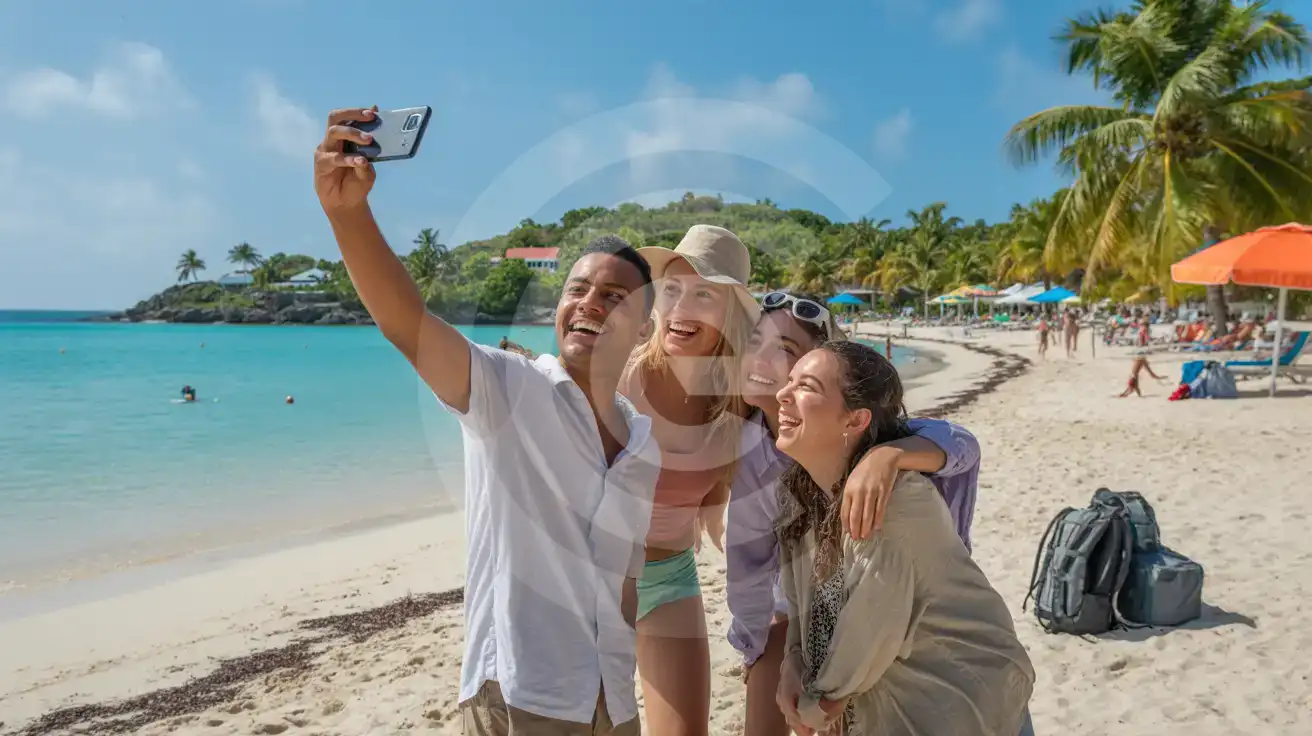 مجموعة من الأصدقاء يلتقطون صورة سيلفي على شاطئ Dickenson Bay في Antigua مع مياه الكاريبي الزرقاء الفيروزية خلفهم