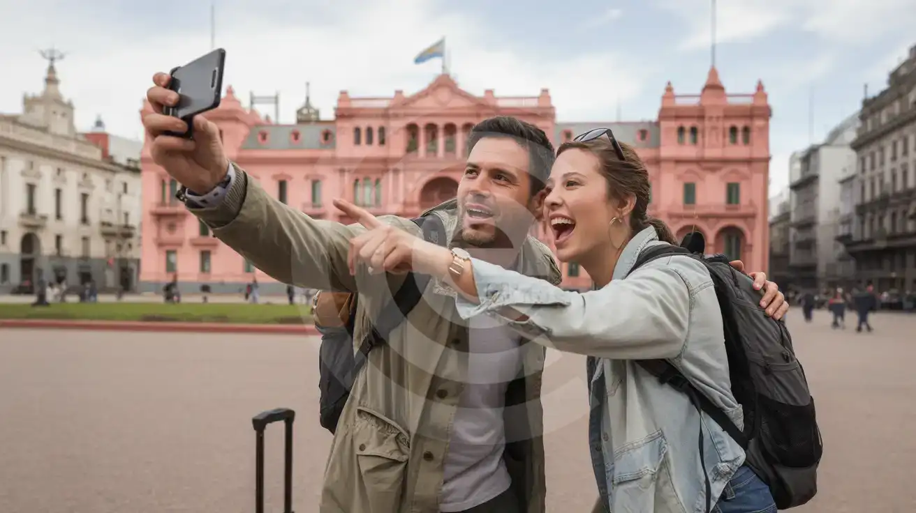 A couple photographing the pink Casa Rosada palace in Buenos Aires's Plaza de Mayo