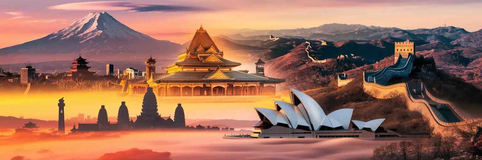 Golden-hour montage of Mount Fuji, the Grand Palace of Bangkok, the Great Wall of China, Sydney Opera House, and Angkor Wat unified in one panoramic travel scene