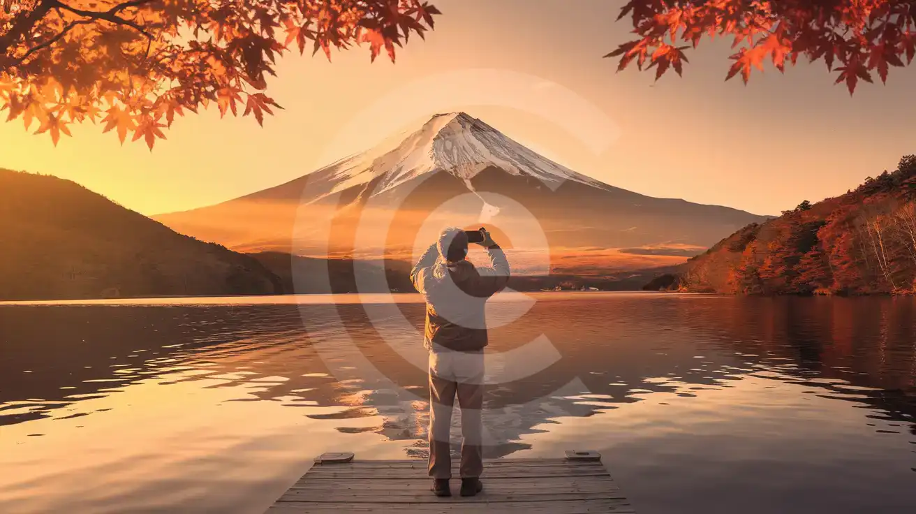 Traveler photographing Mount Fuji reflected in Lake Kawaguchiko at golden hour with autumn trees along the shore
