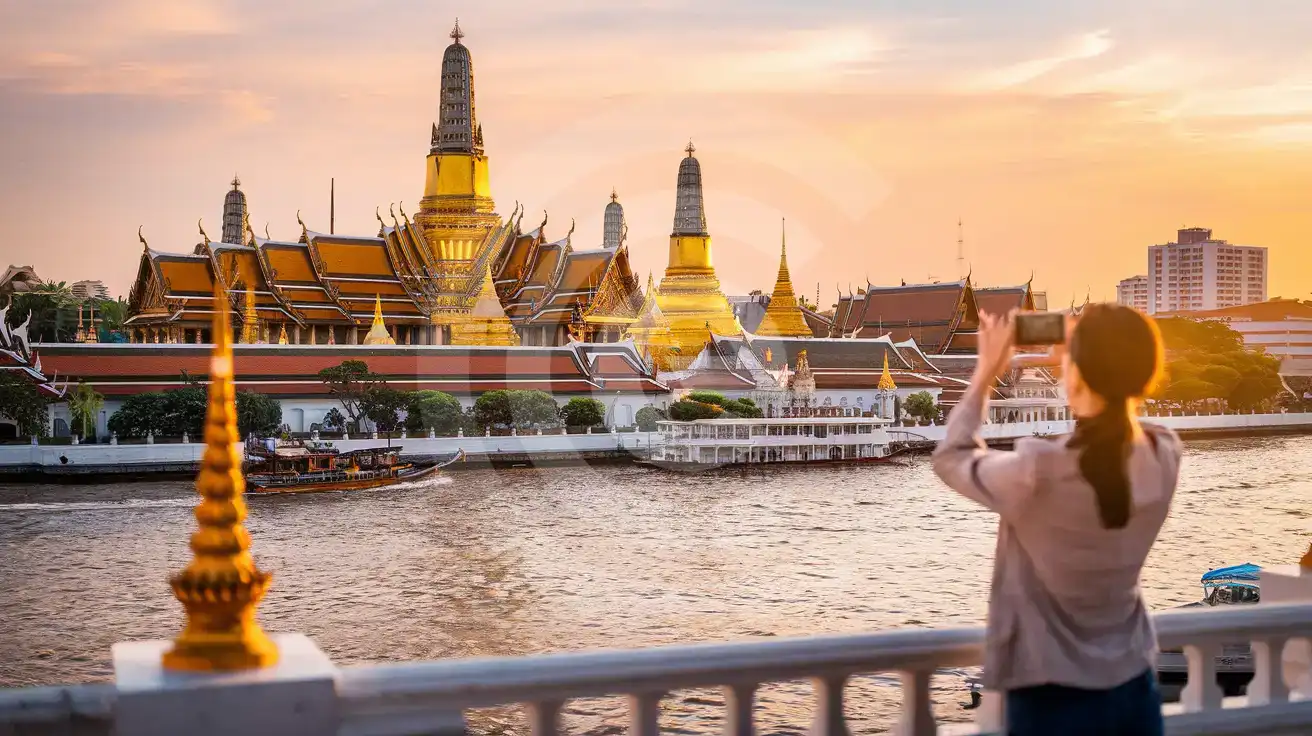 Traveler photographing the Grand Palace and Wat Phra Kaew from the Chao Phraya riverfront at sunset in Bangkok