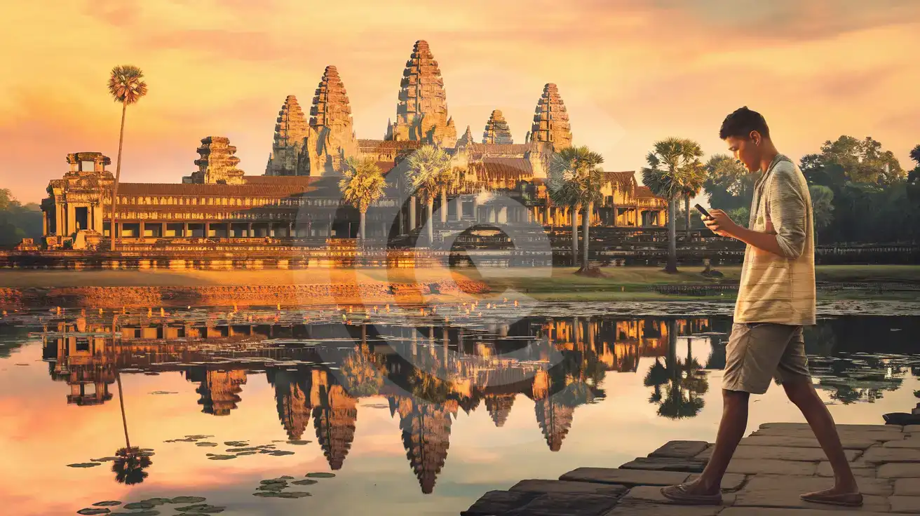 Traveler checking smartphone while walking toward Angkor Wat at sunrise with temple towers reflected in the moat