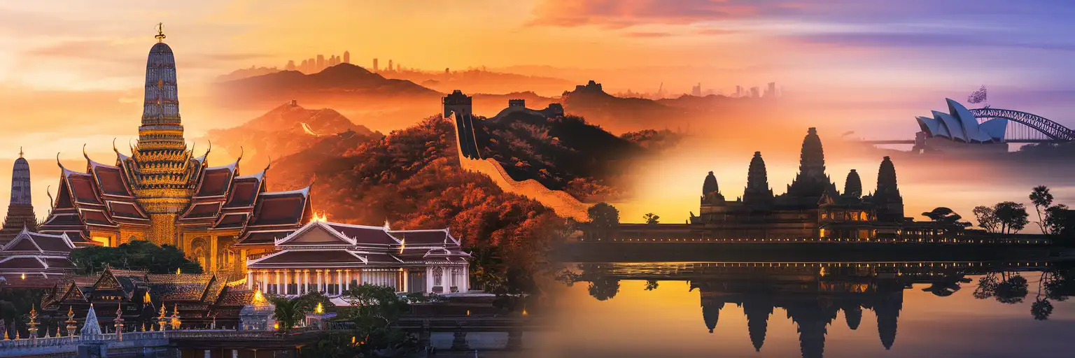 Golden-hour montage of Bangkok Grand Palace, Great Wall of China, Sydney Opera House, and Angkor Wat