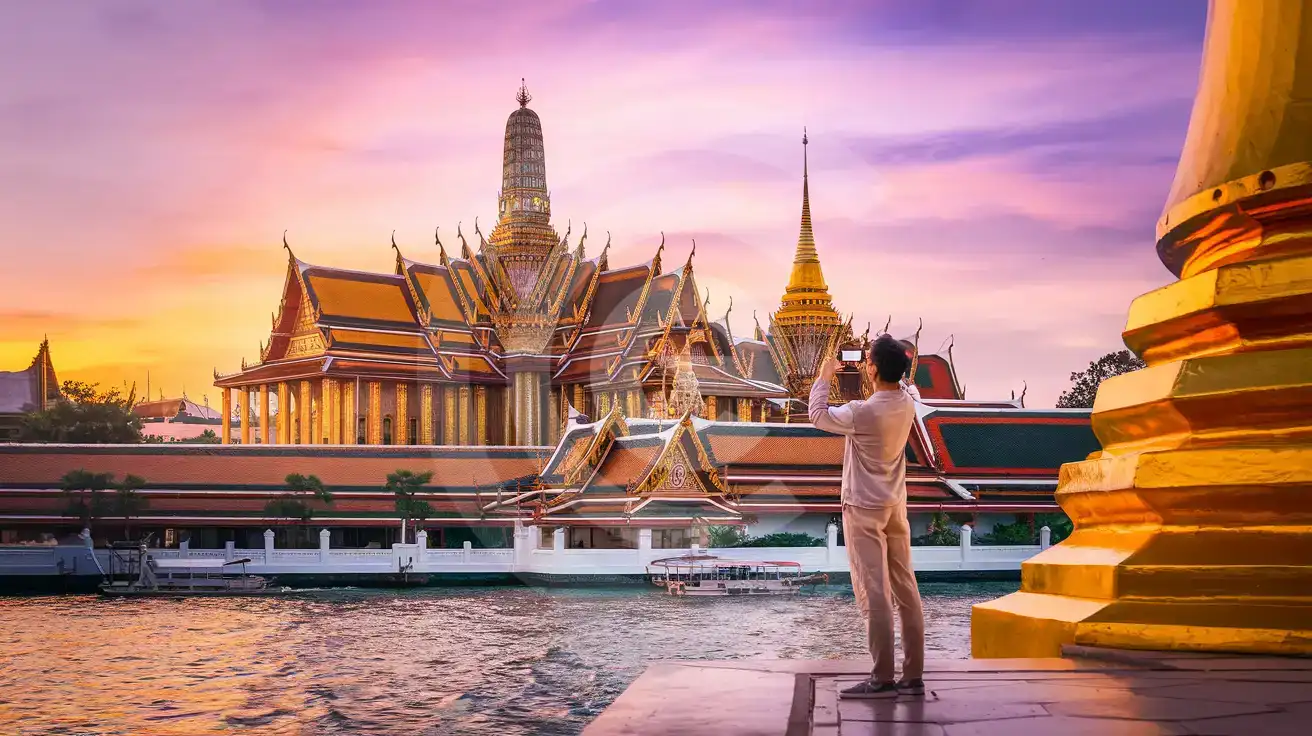 Traveler photographing the Grand Palace and Wat Phra Kaew in Bangkok at golden hour