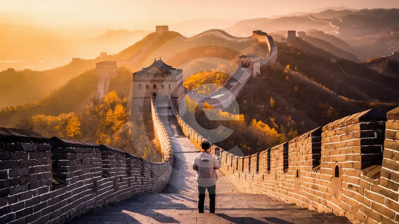 Traveler checking phone on the Great Wall of China surrounded by autumn foliage at sunset