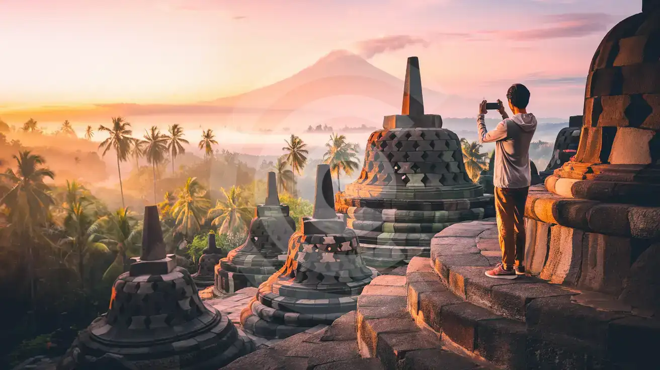 Traveler photographing Borobudur temple stupas at sunrise with misty volcanic mountains in the background