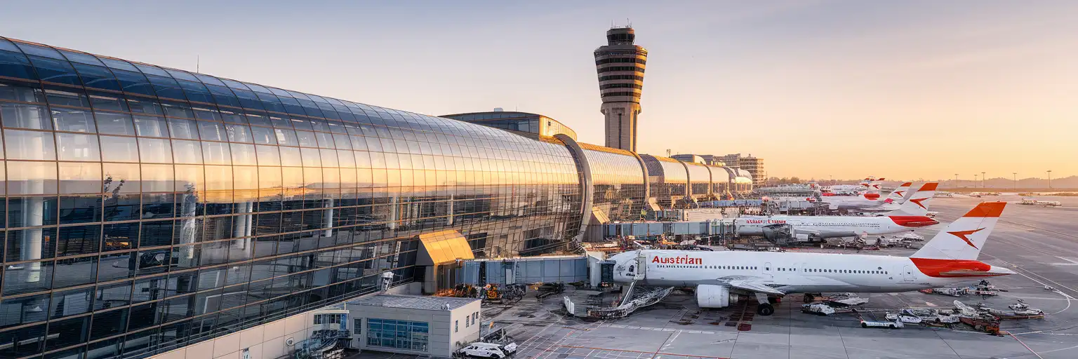Vienna International Airport Skylink terminal exterior with control tower at golden hour