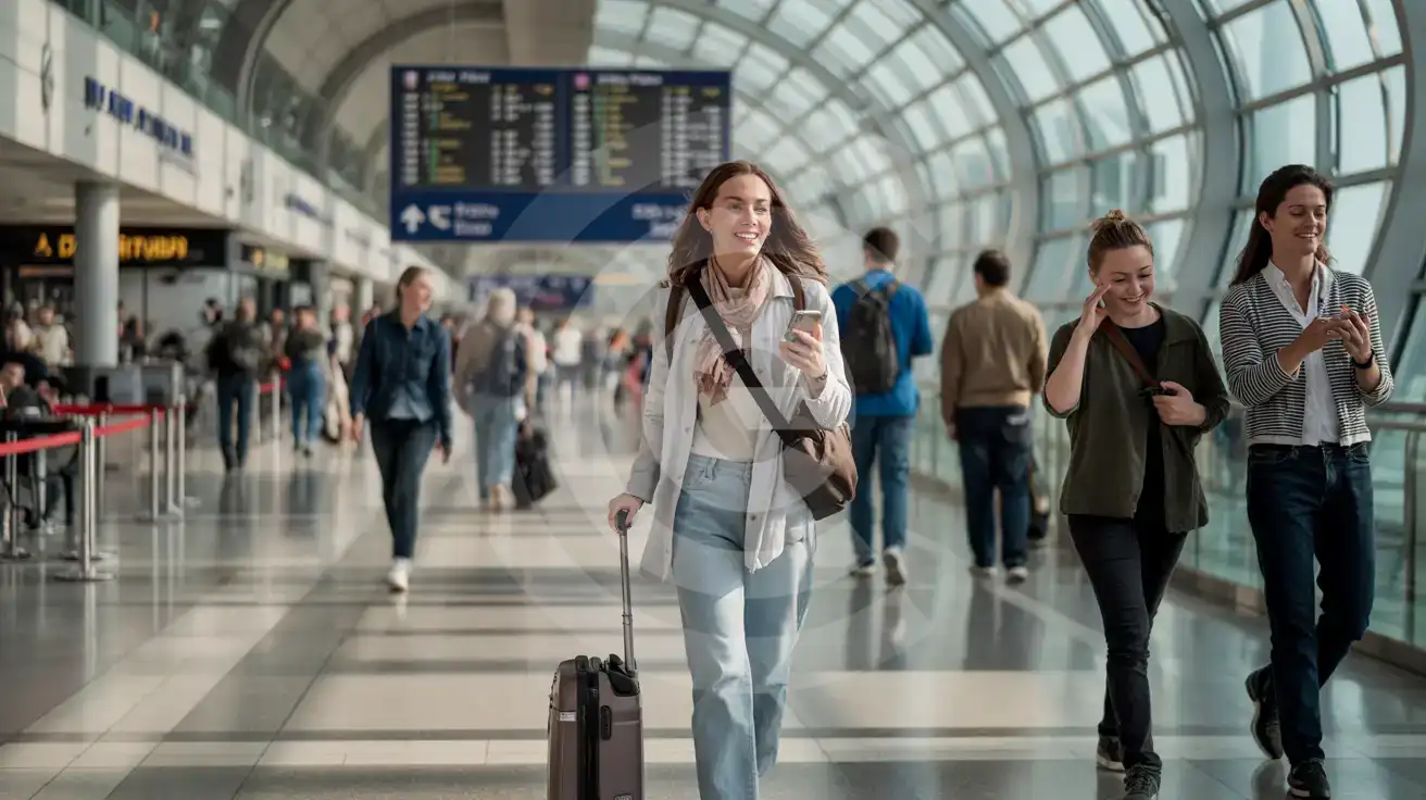 Solo female traveler walking through Vienna Airport Skylink Plaza concourse with smartphone
