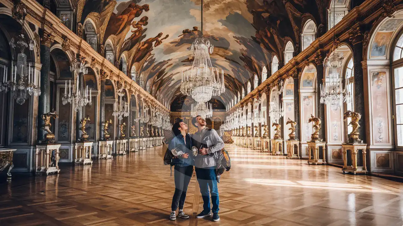 Mixed couple photographing the Rococo ceiling frescoes inside Schönbrunn Palace's Great Gallery with crystal chandeliers and white-and-gold ornamentation