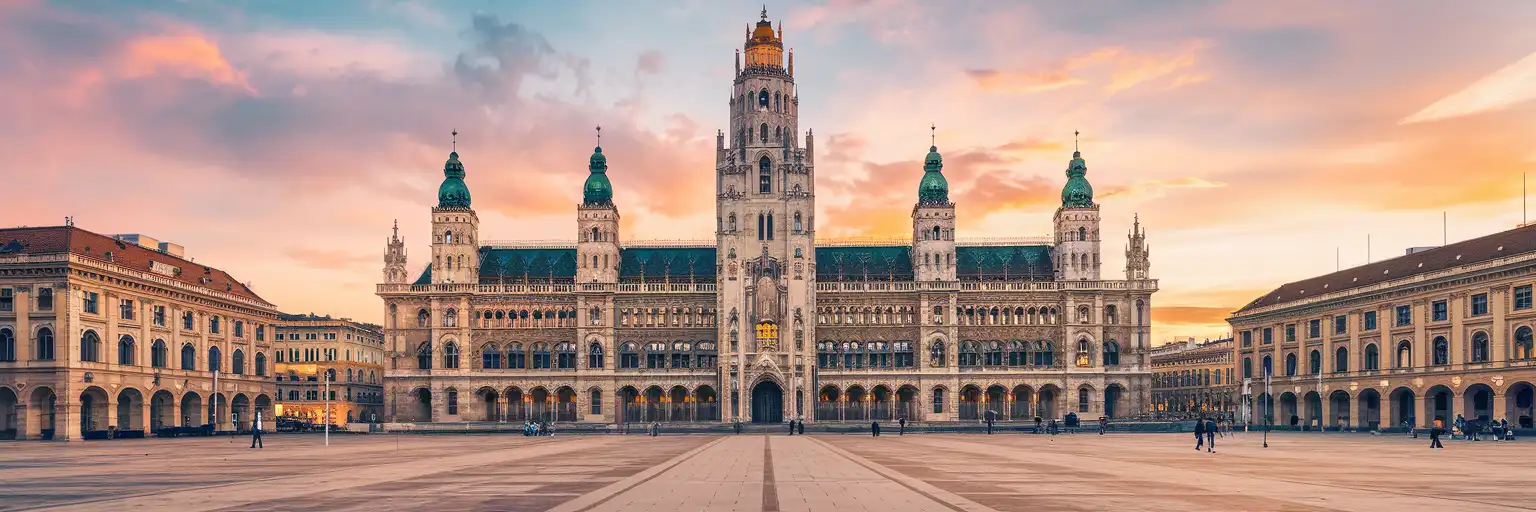 Wide golden-hour exterior view of Vienna City Hall in Vienna, Austria from Rathausplatz