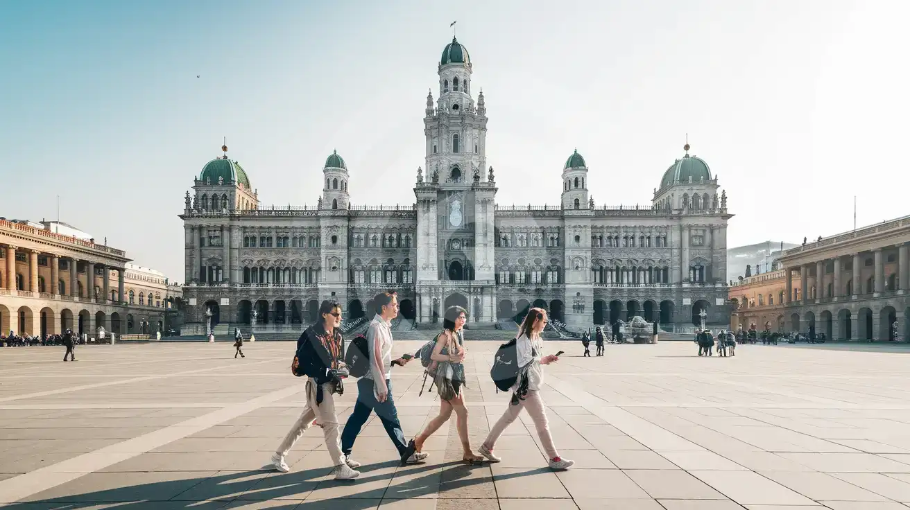 Friends walking across Rathausplatz with Vienna City Hall in the background in Vienna, Austria