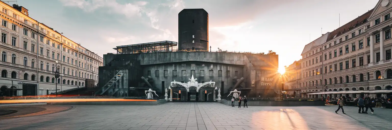 Exterior view of Haus des Meeres in Vienna, Austria, showing the tall flak tower at golden hour