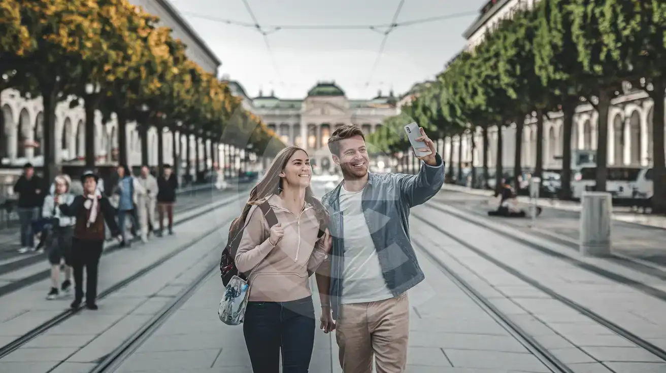 A couple walking with a phone along Ringstrasse near Vienna City Hall in Vienna, Austria