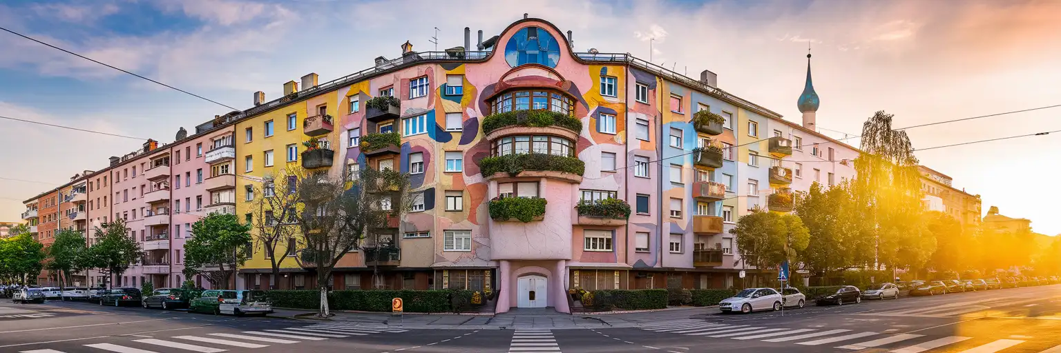 Wide exterior view of Hundertwasser House in Vienna with its colorful facade, greenery, and blue onion dome at golden hour