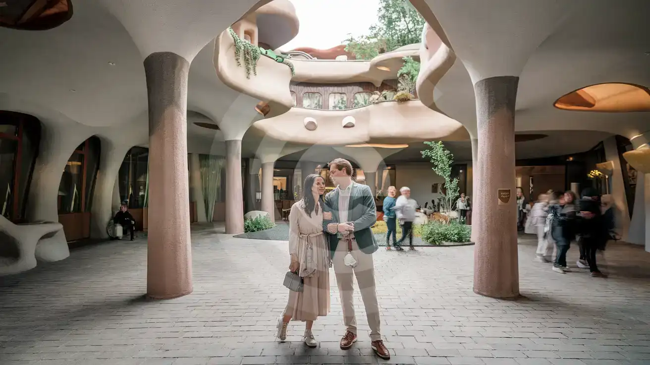 Honeymoon couple near the colorful Hundertwasser Village courtyard by Hundertwasser House in Vienna