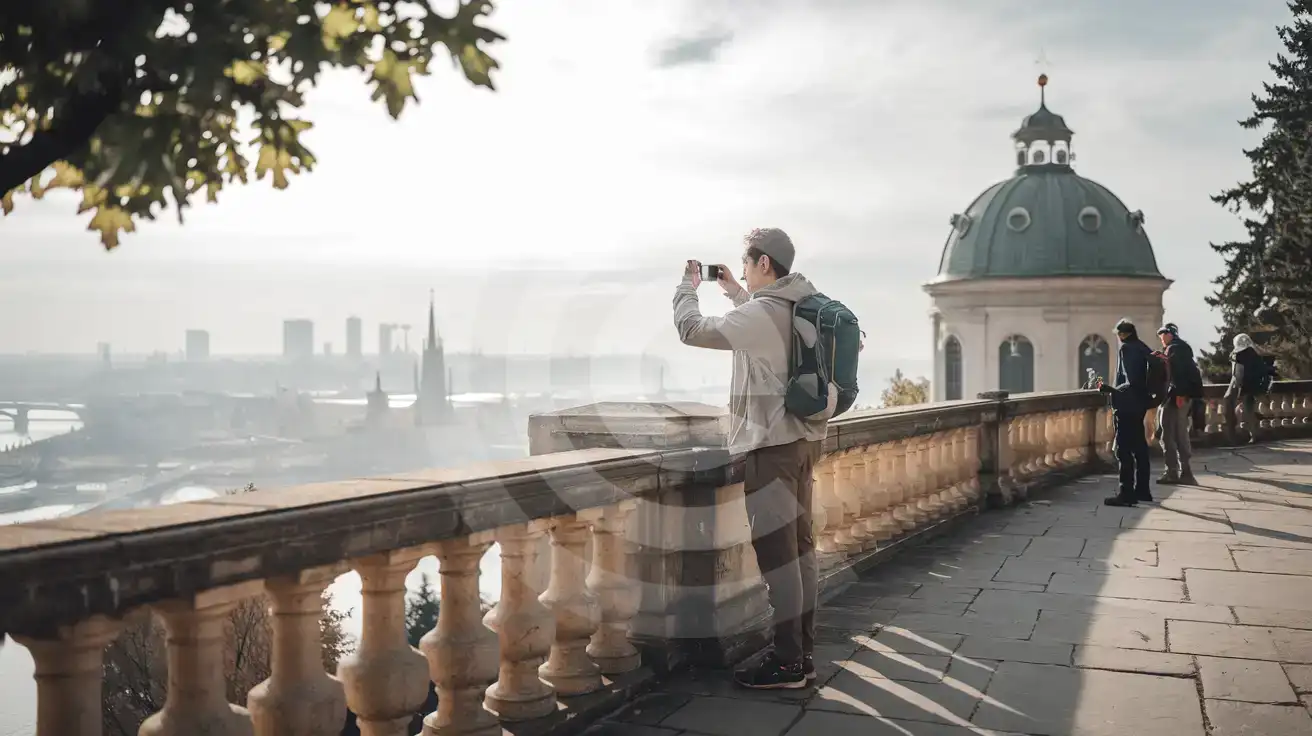 Solo male hiker photographing Vienna panorama from the Kahlenberg summit viewing terrace in Vienna Woods