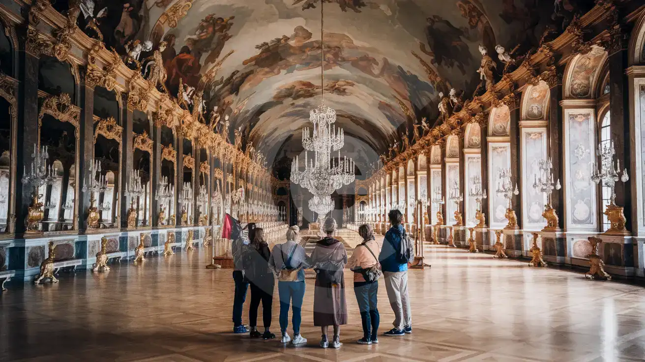Tour group with phones raised inside the gilded Great Gallery at Schönbrunn Palace, Vienna