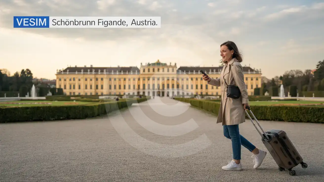 Solo female traveler walking through Schönbrunn Palace gardens in Vienna with smartphone in hand, palace facade in background