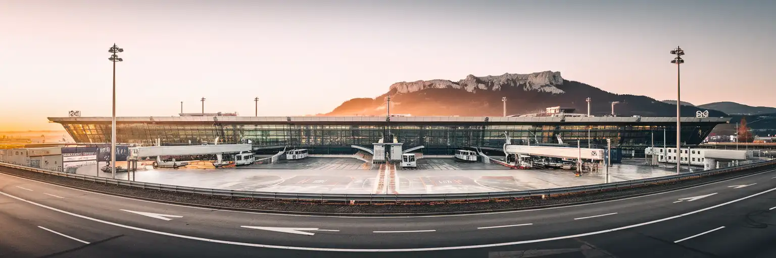 Wide exterior view of Salzburg Airport W. A. Mozart at golden hour with the terminal facade and mountain backdrop