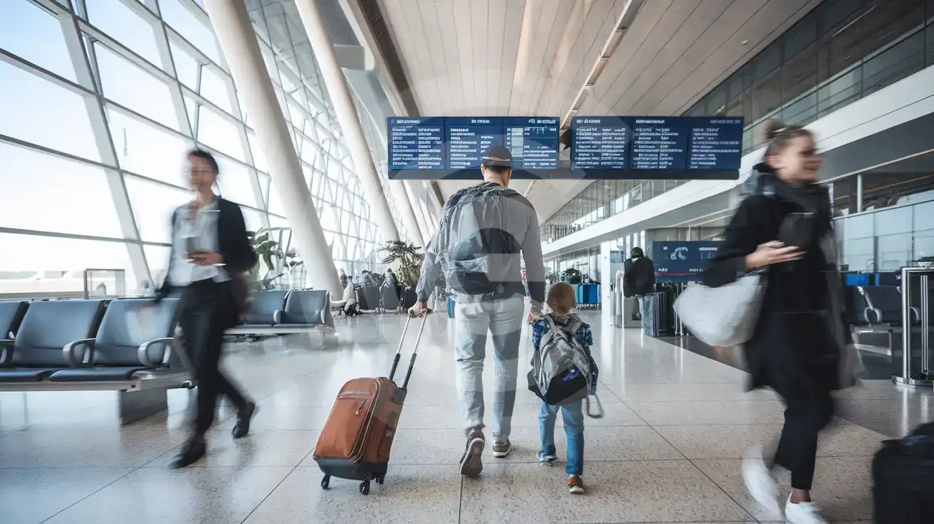 Family walking through the departures concourse inside Salzburg Airport with carry-on luggage