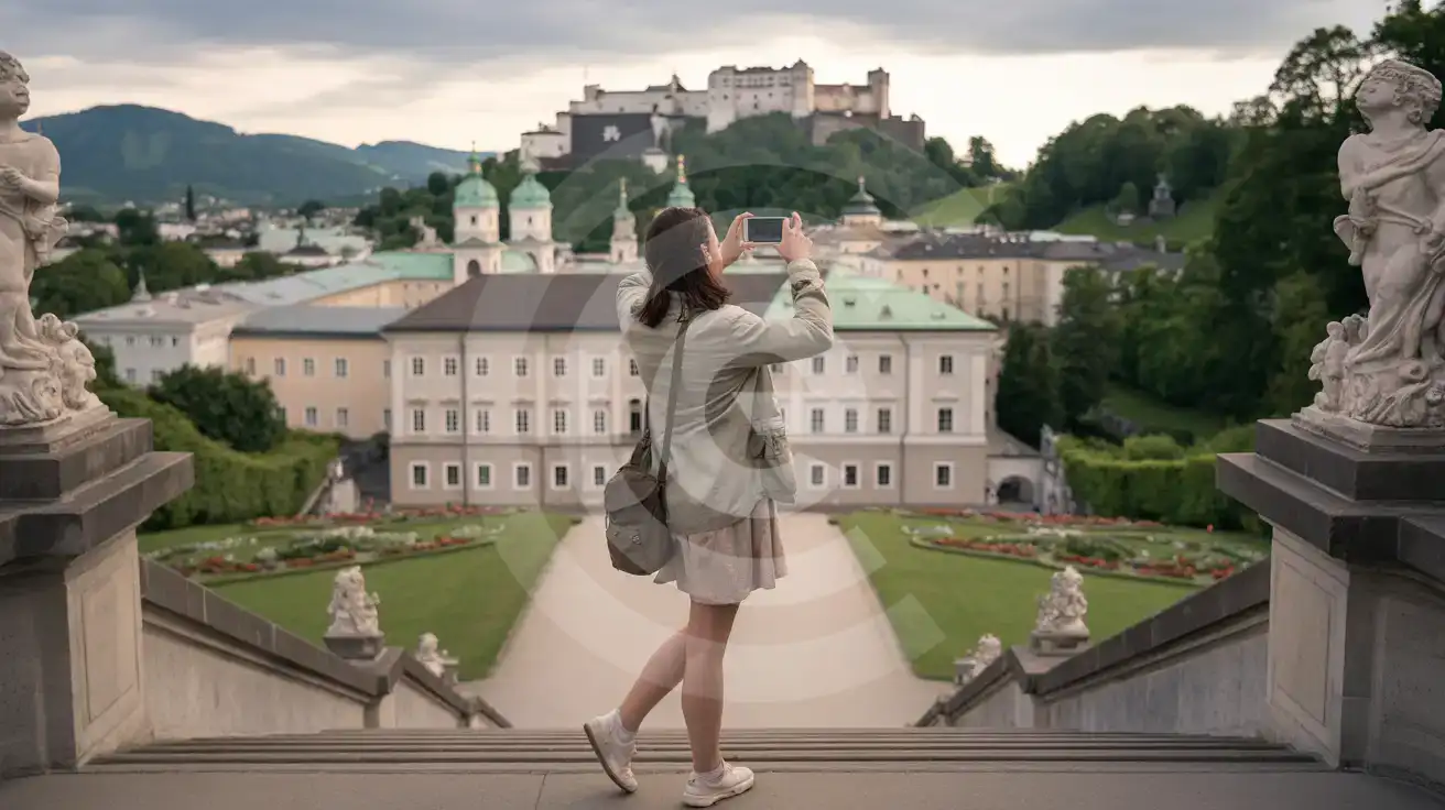 Solo female traveler photographing Mirabell Palace gardens with Hohensalzburg Fortress visible on the hilltop behind