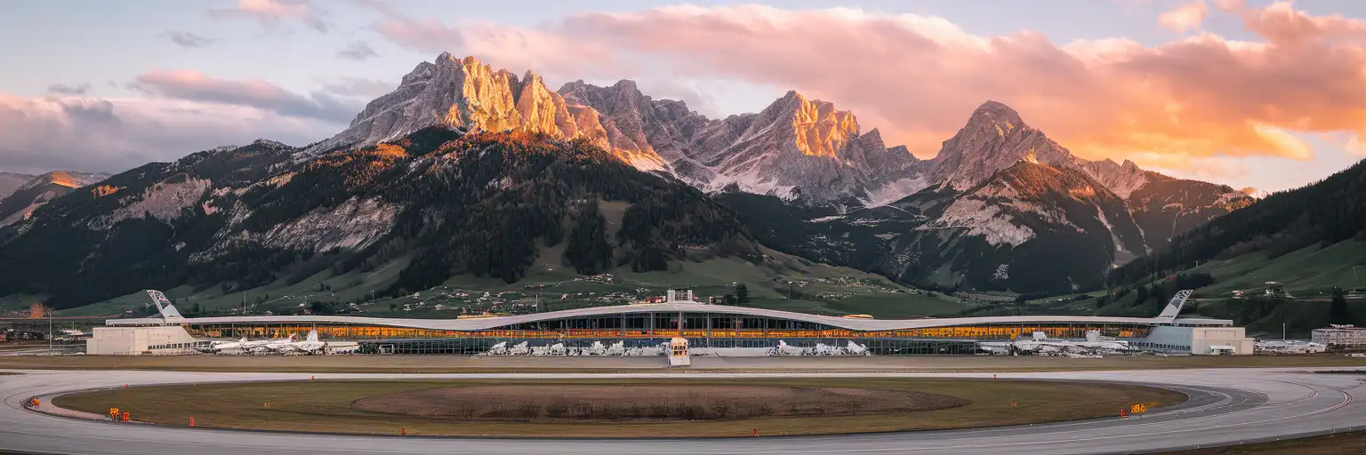 Exterior view of Innsbruck Airport terminal with Alpine mountains behind at golden hour