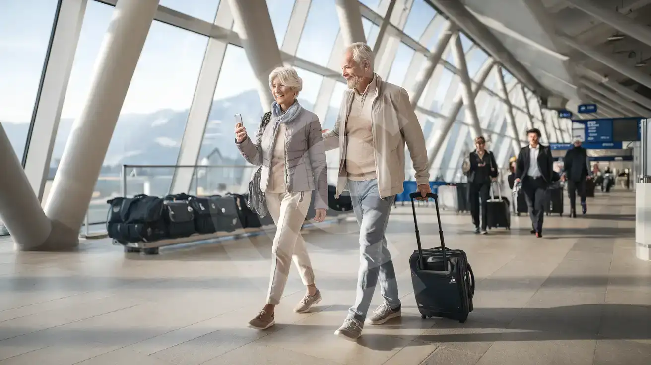 Senior couple walking through the arrivals concourse at Innsbruck Airport with luggage and smartphone after landing