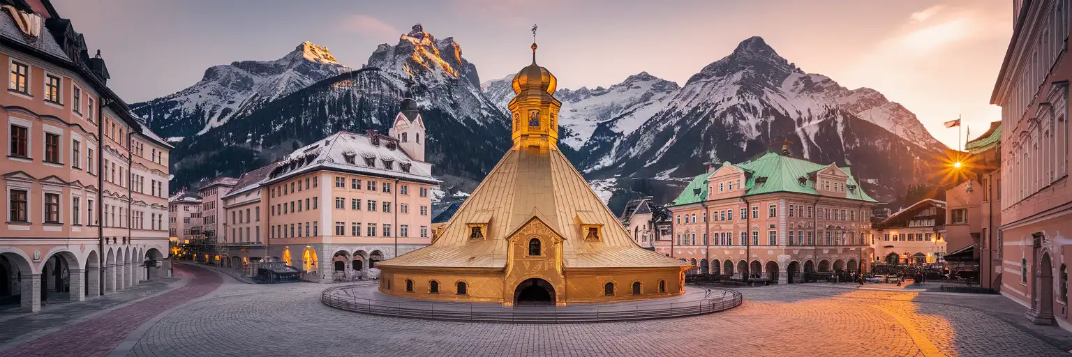 The Golden Roof landmark in Innsbruck's Old Town with the Nordkette Alps rising behind medieval facades at golden hour