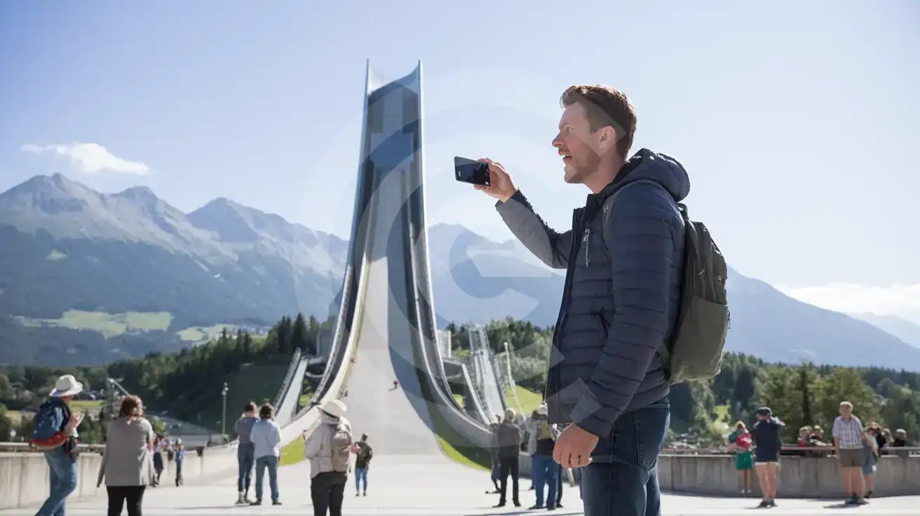 Solo male traveler photographing the Bergisel Ski Jump tower with the Nordkette Alps behind on a clear day in Innsbruck