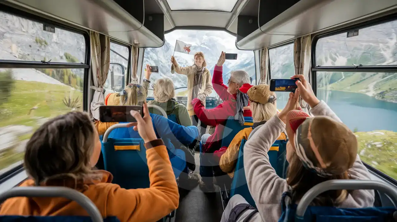 Tour group inside a coach on the Sound of Music Tour with smartphones raised filming Austrian Alps scenery through windows