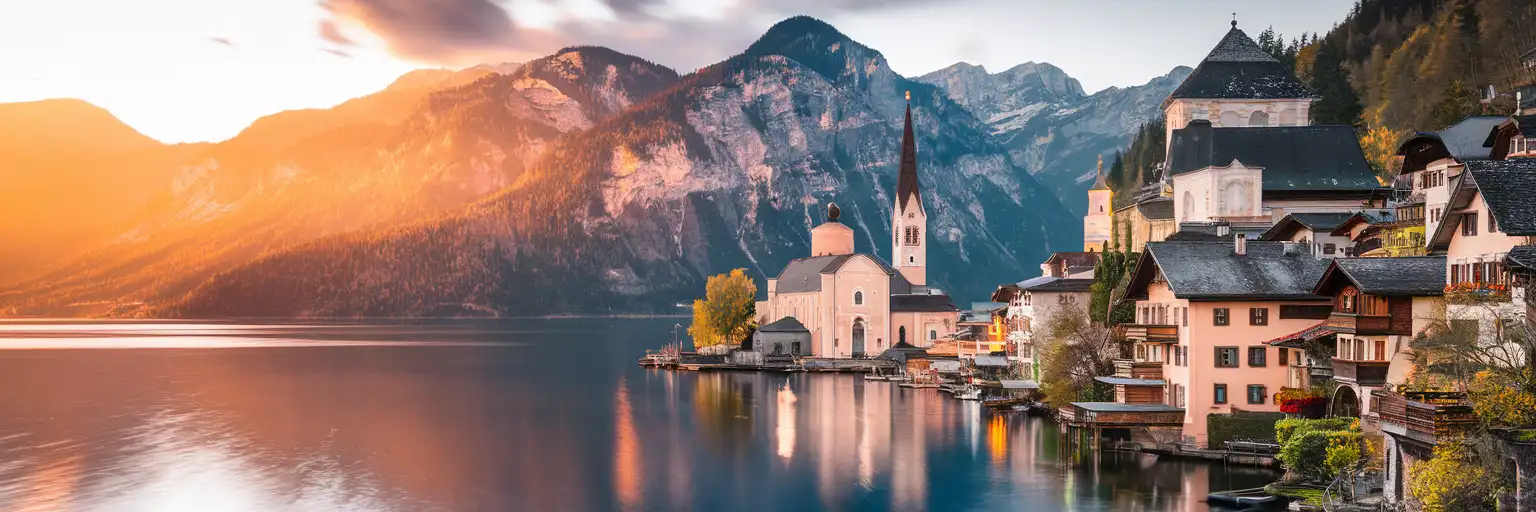 Hallstatt village with pastel houses and church spire reflected in Hallstätter See against alpine peaks at golden hour