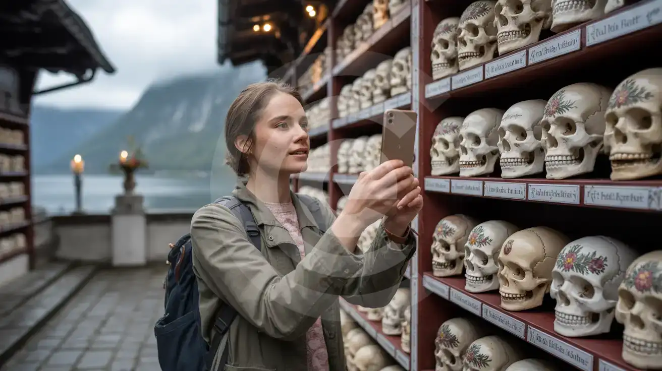 Solo female traveler photographing decorated skulls inside Hallstatt's Beinhaus bone chapel