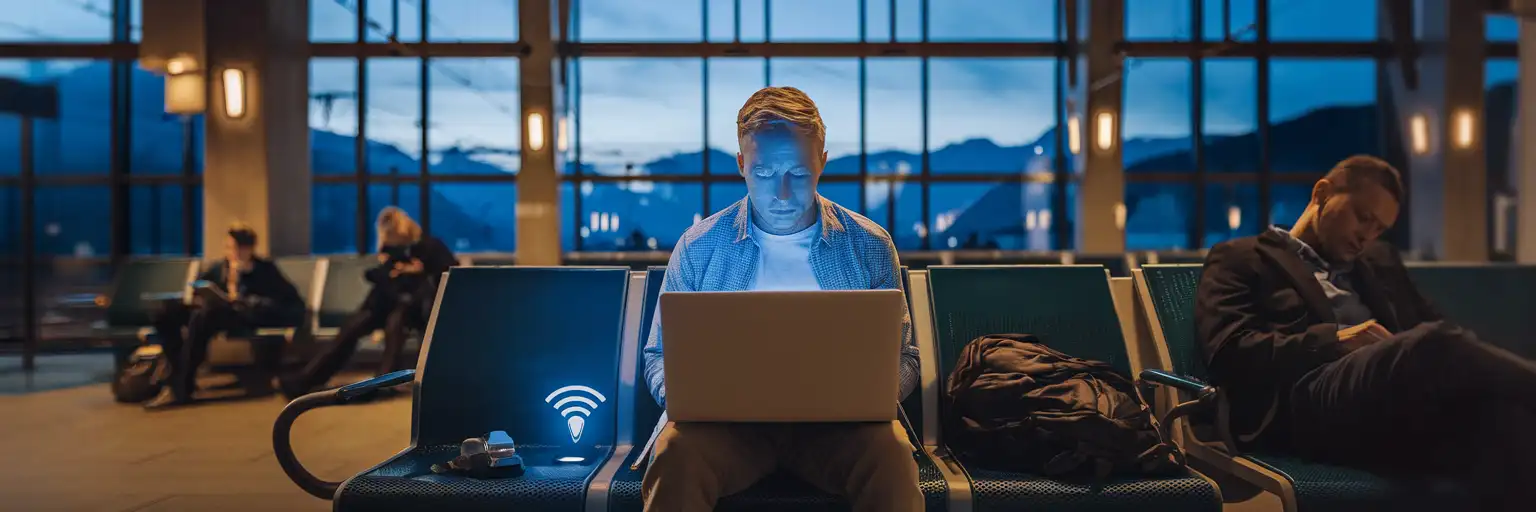 Traveller using laptop and phone hotspot in an Austrian train station waiting area during early morning hours