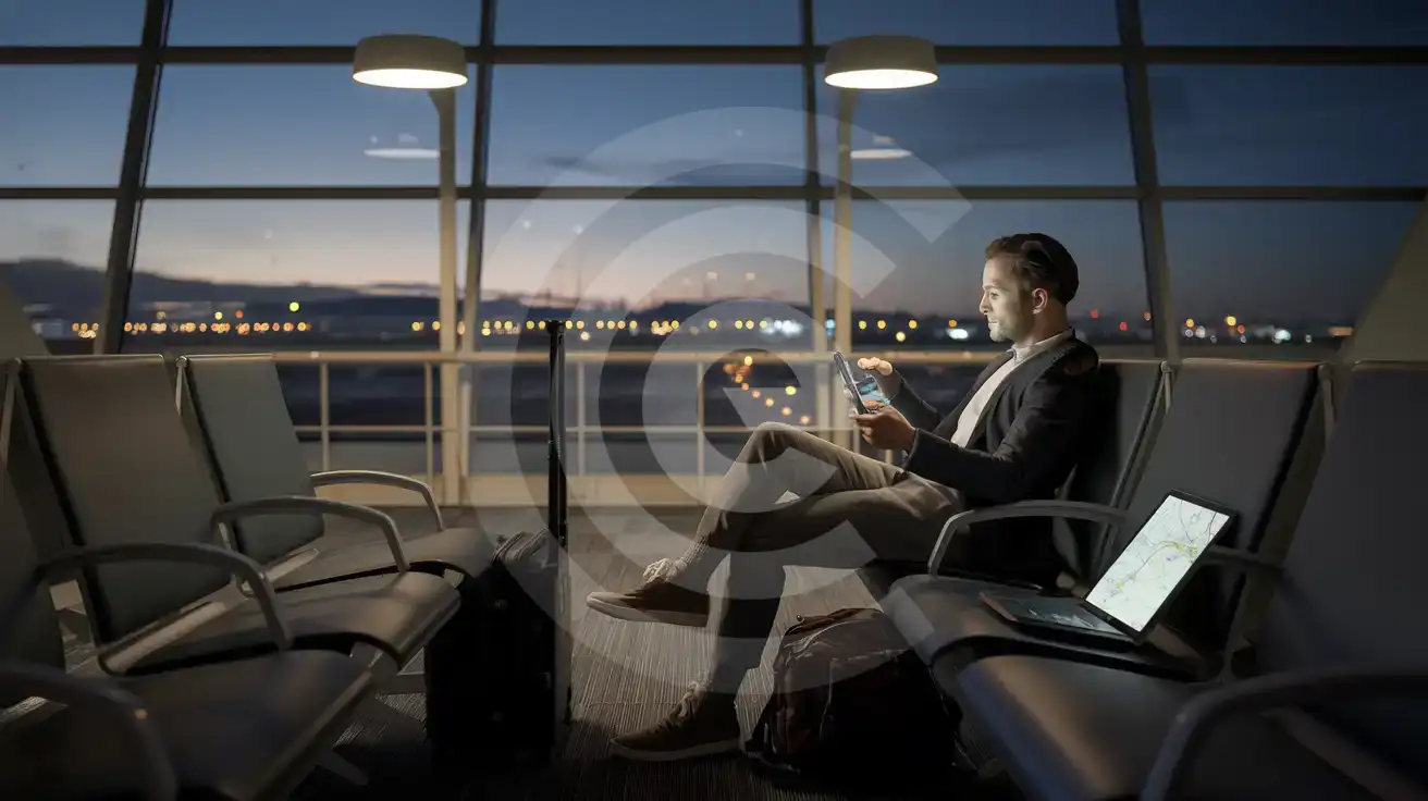Traveller checking phone and tablet at an Austrian airport gate in the evening